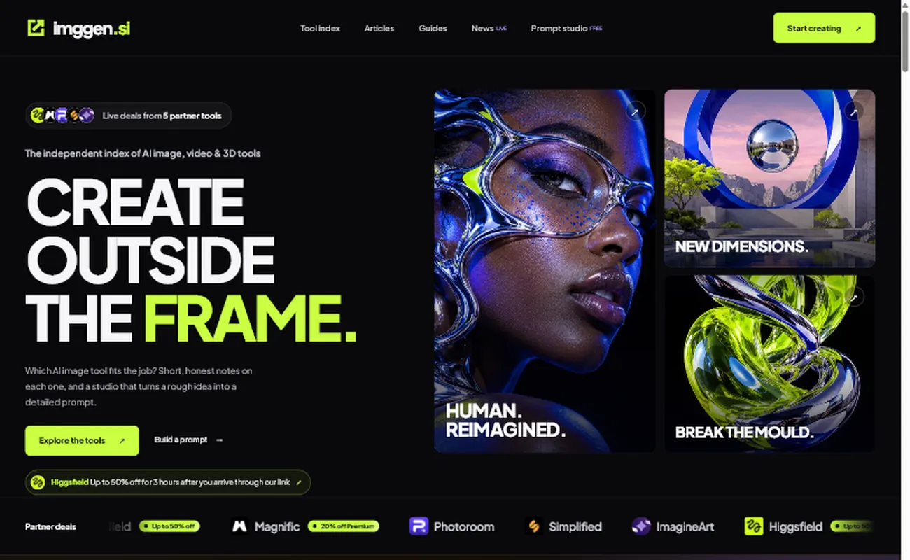 imggen.si home page, an independent index of AI image, video and 3D tools