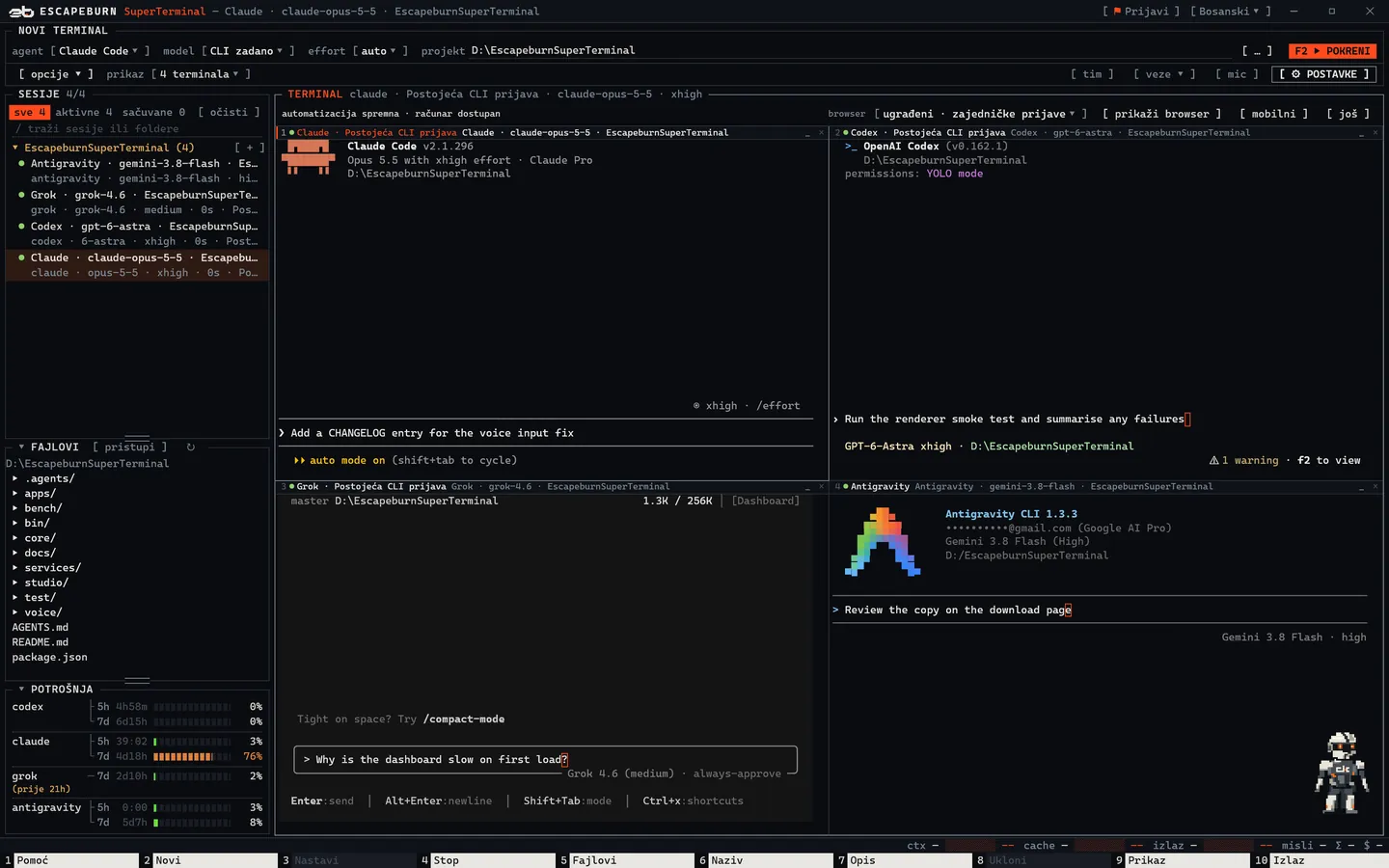 Prozor SuperTerminala s Claude Code, Codex, Grok i Antigravity terminalima jedan pored drugog, listom sesija, pregledom fajlova i potrošnjom pretplata.