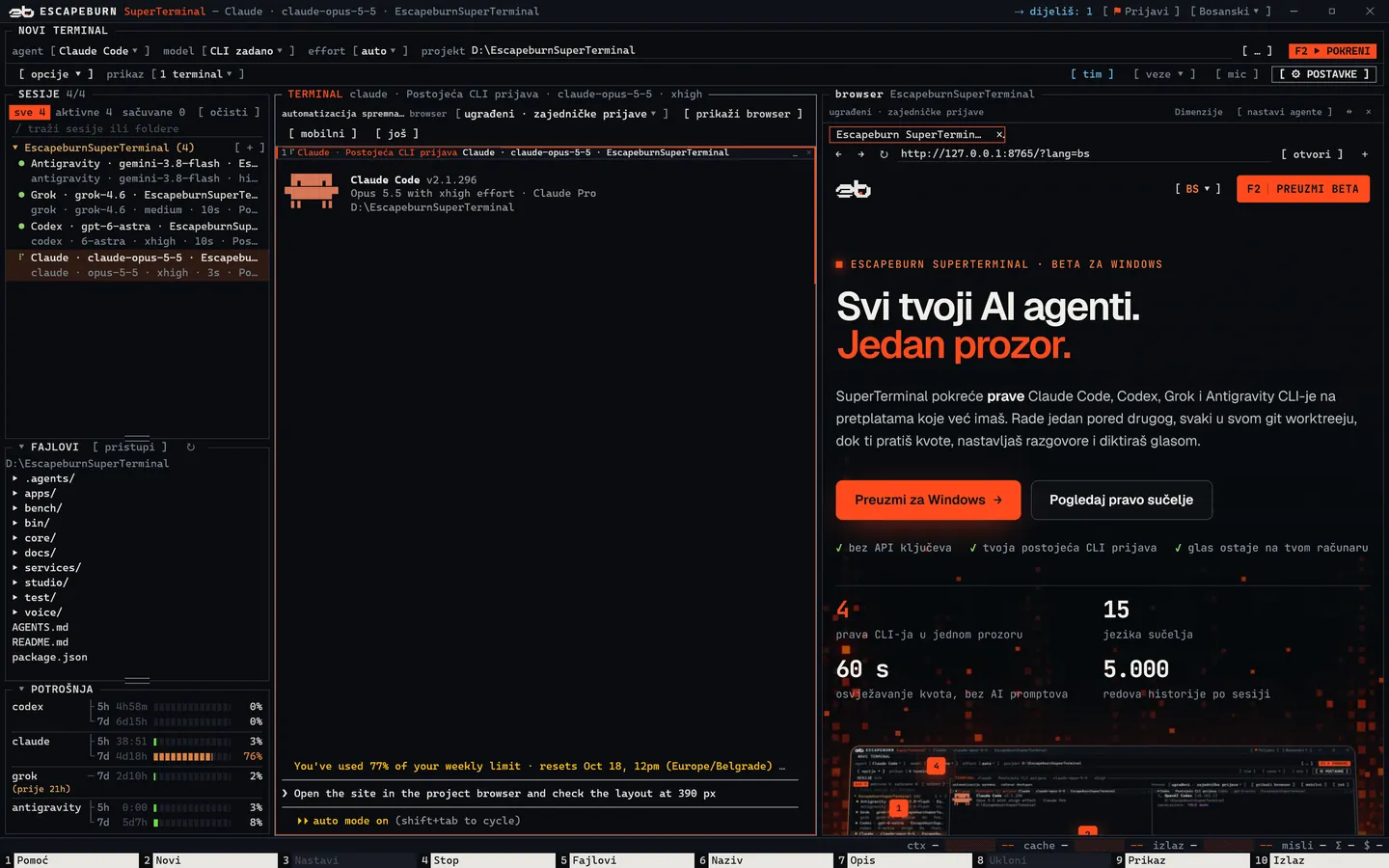 SuperTerminal s Claude Codeom lijevo i projektnim browserom desno, u kojem je otvorena ova stranica.