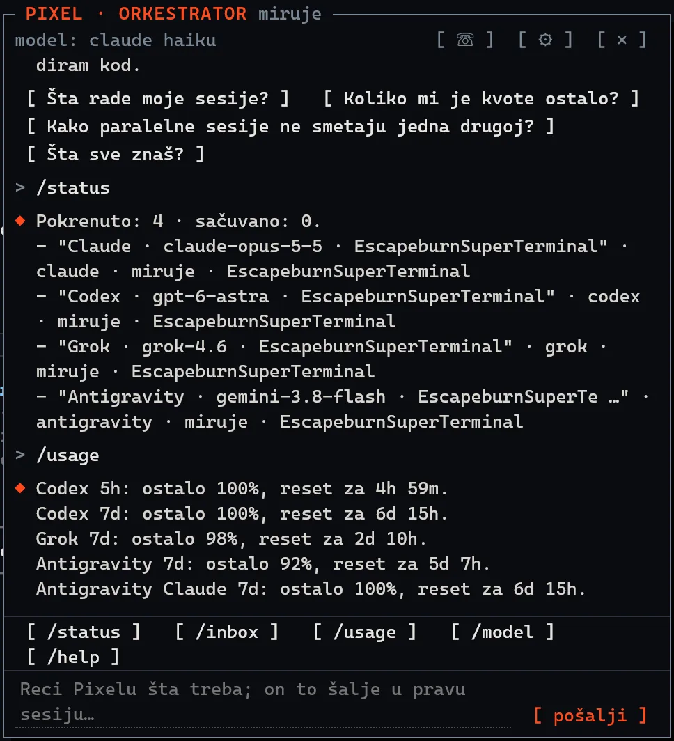 Pixel chat odgovara na /status s četiri pokrenute sesije i na /usage s preostalom kvotom.