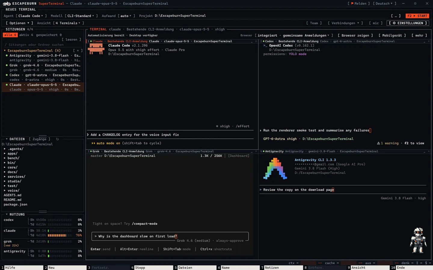 SuperTerminal-Fenster mit Claude Code, Codex, Grok und Antigravity nebeneinander, Sitzungsliste, Dateibrowser und Abo-Verbrauch.
