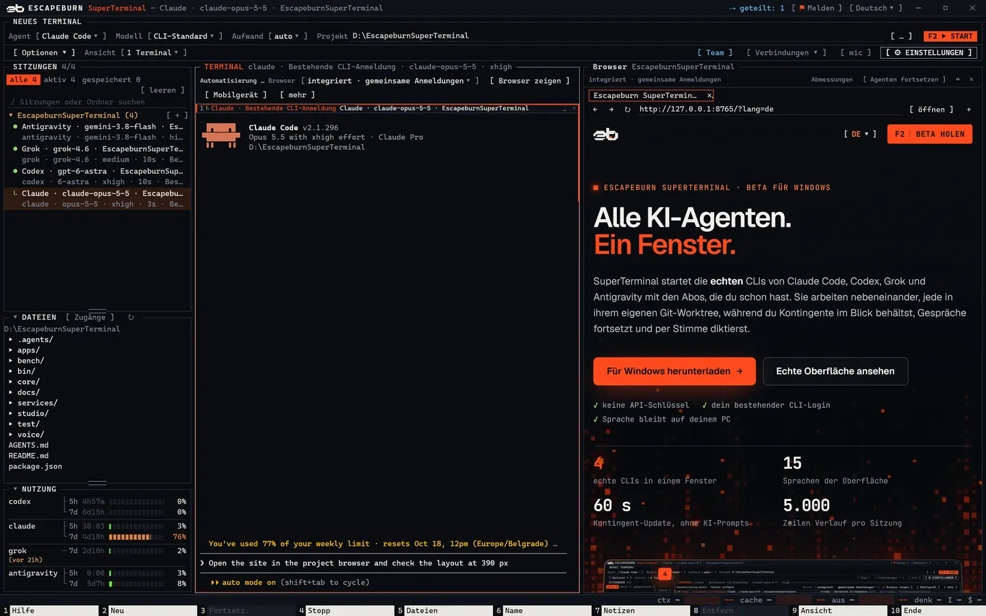 SuperTerminal mit Claude Code links und dem Projekt-Browser rechts, der diese Website zeigt.