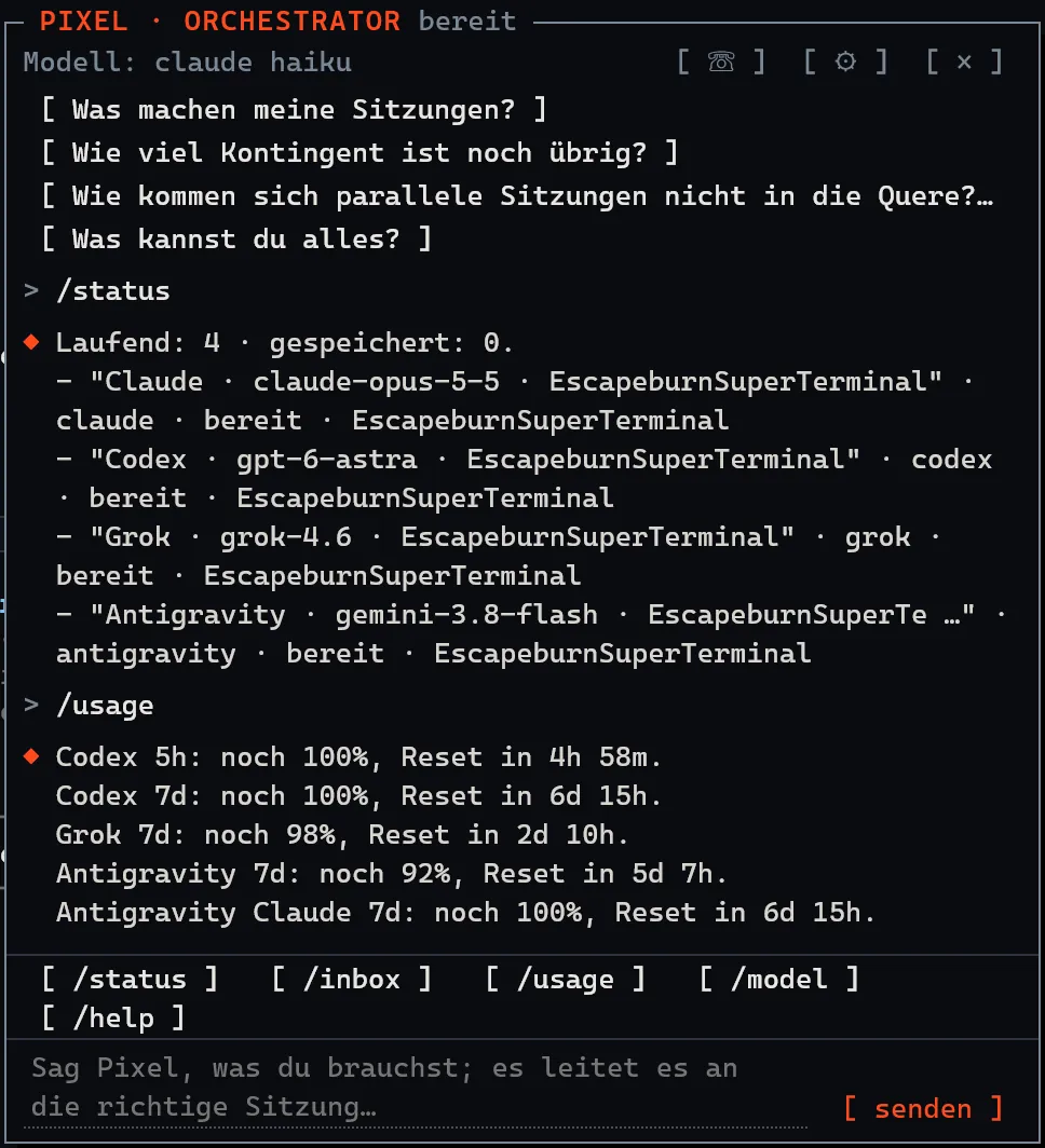Pixel-Chat beantwortet /status mit den vier laufenden Sessions und /usage mit dem verbleibenden Kontingent.