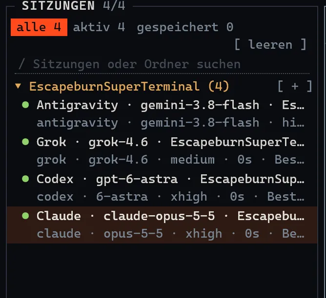 Sitzungsliste von SuperTerminal, nach Projekt gruppiert.