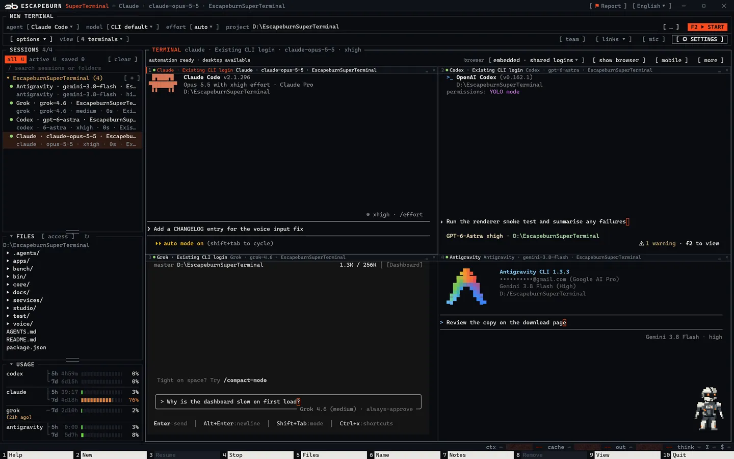 SuperTerminal window with Claude Code, Codex, Grok and Antigravity running side by side, the session list, file browser and subscription usage.