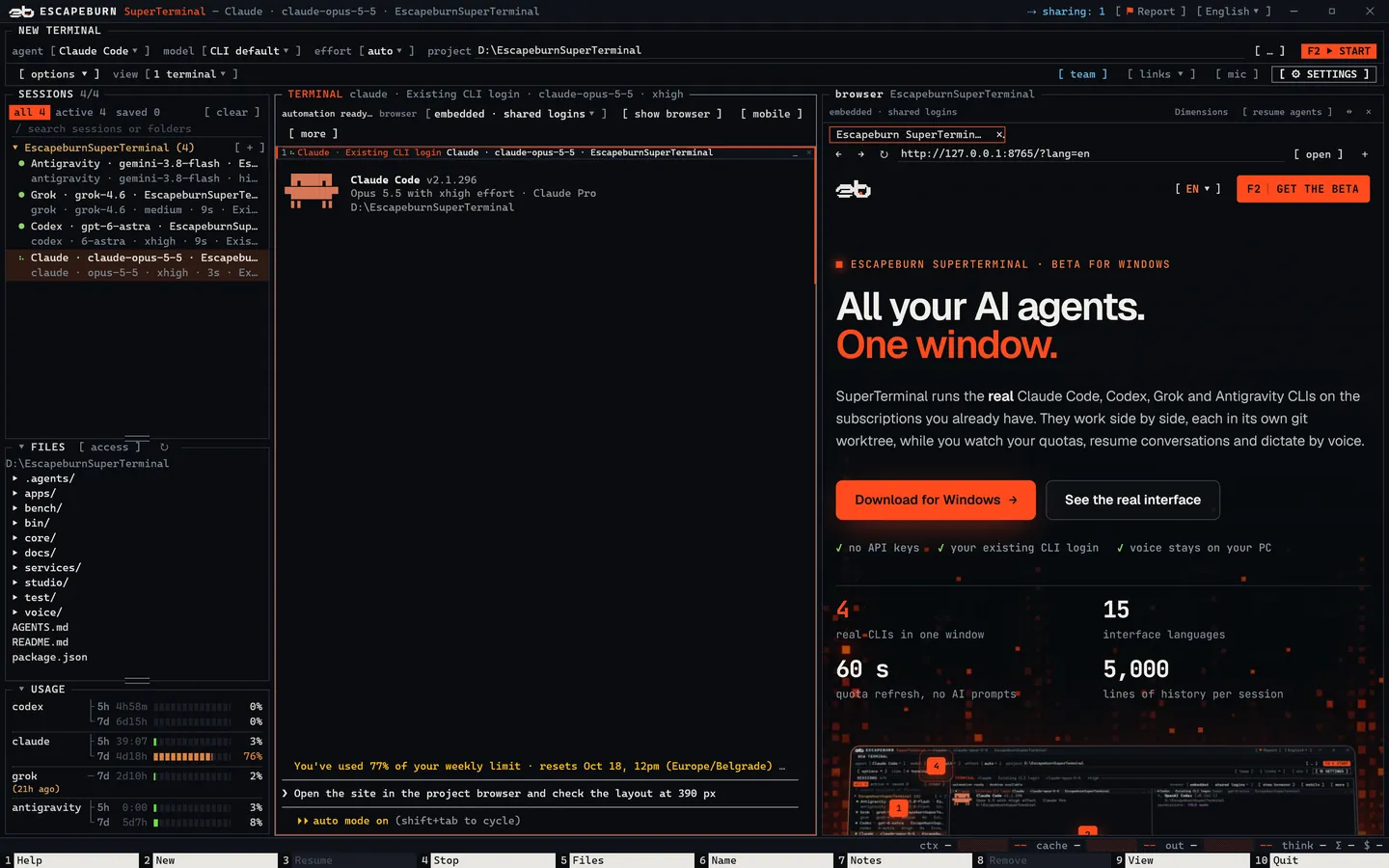 SuperTerminal with Claude Code on the left and the project browser on the right showing this website.