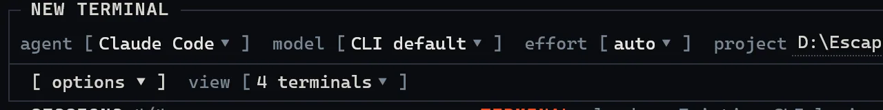 SuperTerminal launcher with agent, model, effort and project fields.
