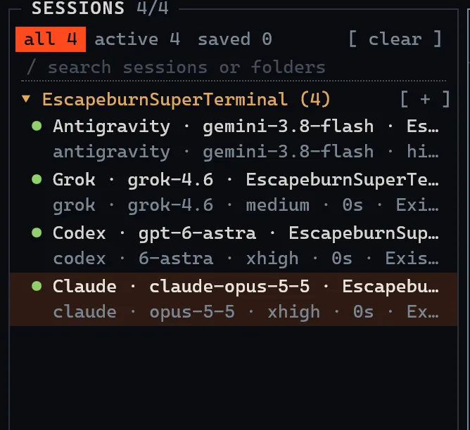 SuperTerminal session list grouped by project.