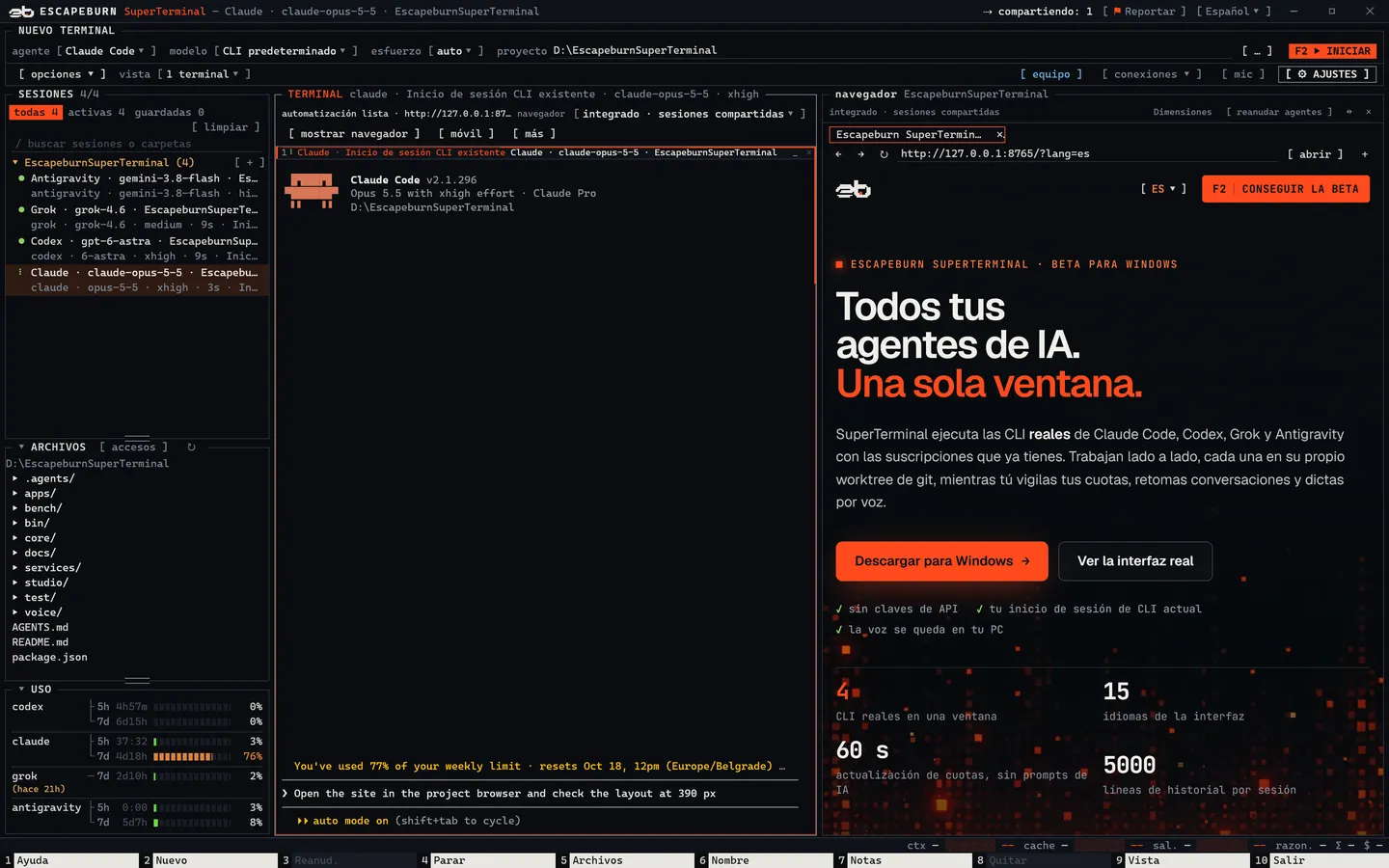 SuperTerminal con Claude Code a la izquierda y el navegador del proyecto a la derecha mostrando este sitio web.