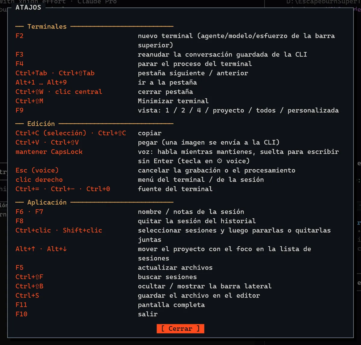 El cuadro de atajos de SuperTerminal abierto con F1.
