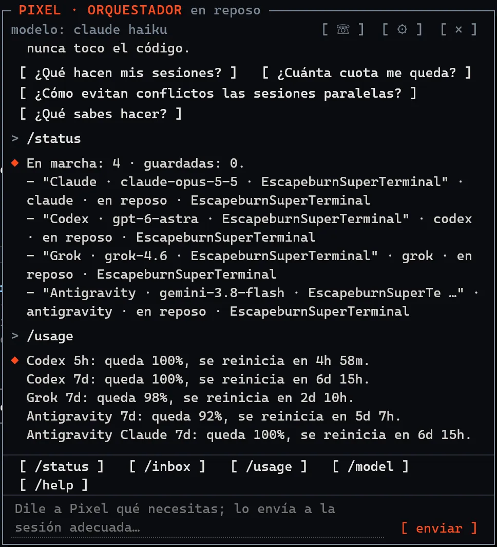 Chat de Pixel respondiendo a /status con las cuatro sesiones activas y a /usage con la cuota restante.