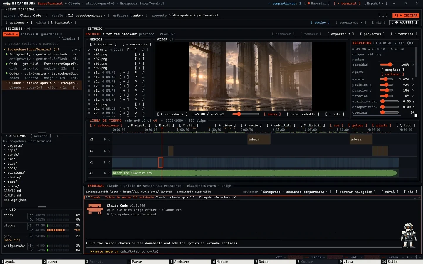 SuperTerminal en modo Estudio: un proyecto de videoclip con visor, inspector, biblioteca de medios y línea de tiempo, y Claude Code en el dock de abajo.