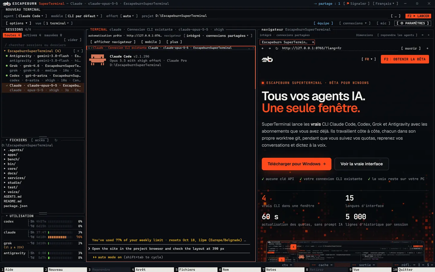 SuperTerminal avec Claude Code à gauche et le navigateur de projet à droite, qui affiche ce site.