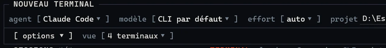 Lanceur de SuperTerminal avec les champs agent, modèle, effort et projet.