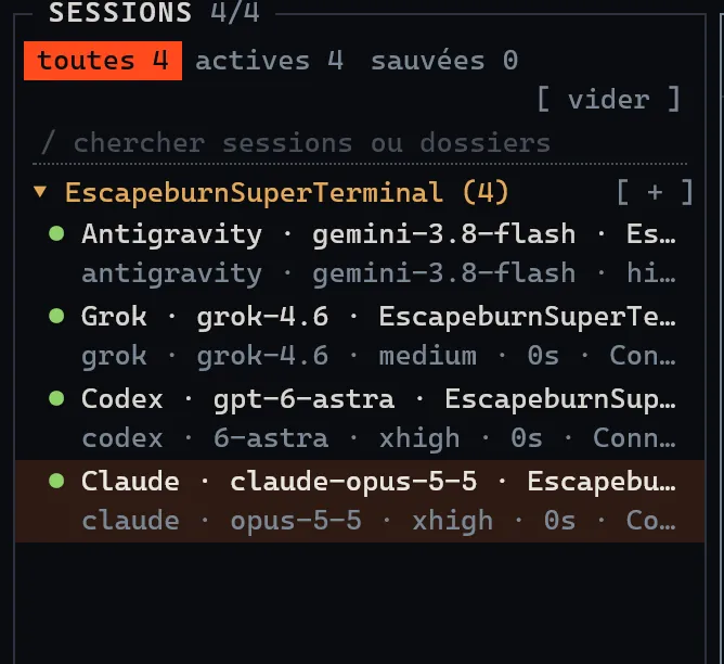 Liste des sessions de SuperTerminal regroupées par projet.
