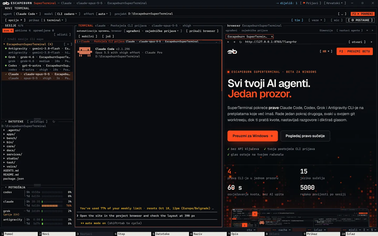 SuperTerminal s Claude Codeom lijevo i projektnim preglednikom desno, u kojem je otvorena ova stranica.