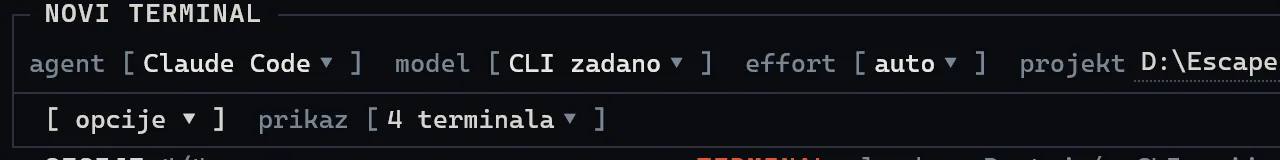 Launcher u SuperTerminalu s poljima za agenta, model, effort i projekt.