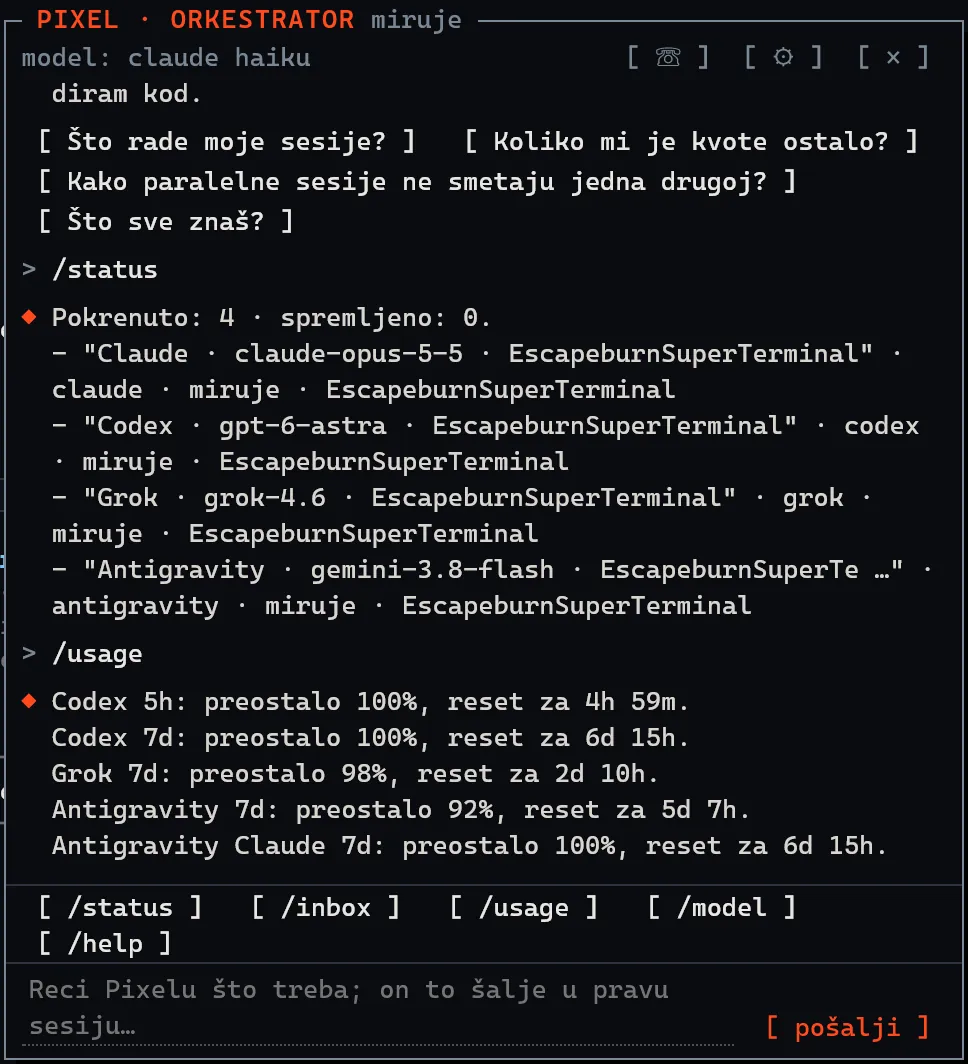 Pixel chat odgovara na /status s četiri pokrenute sesije i na /usage s preostalom kvotom.