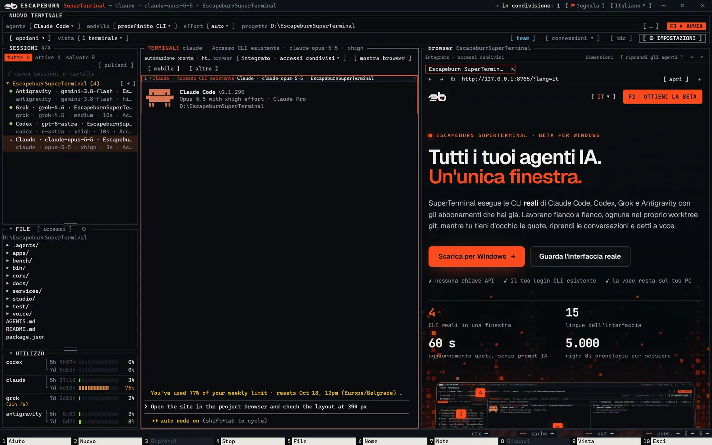 SuperTerminal con Claude Code a sinistra e il browser di progetto a destra che mostra questo sito.