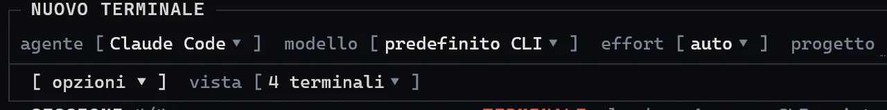 Launcher di SuperTerminal con i campi agente, modello, effort e progetto.