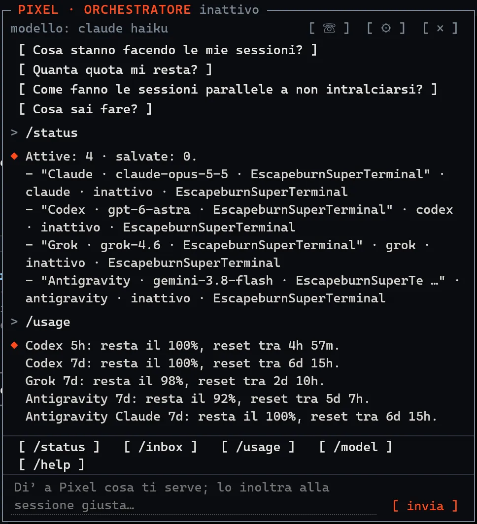 Chat di Pixel che risponde a /status con le quattro sessioni attive e a /usage con la quota residua.