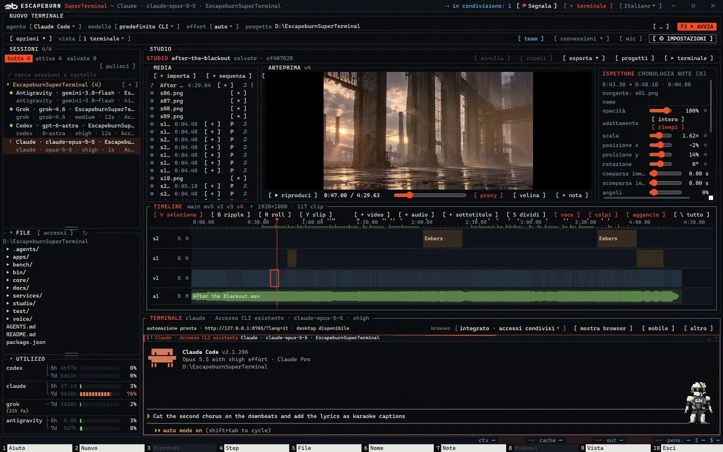 SuperTerminal in modalità Studio: un progetto di videoclip con viewer, inspector, raccoglitore media e timeline, e Claude Code nel dock sotto.