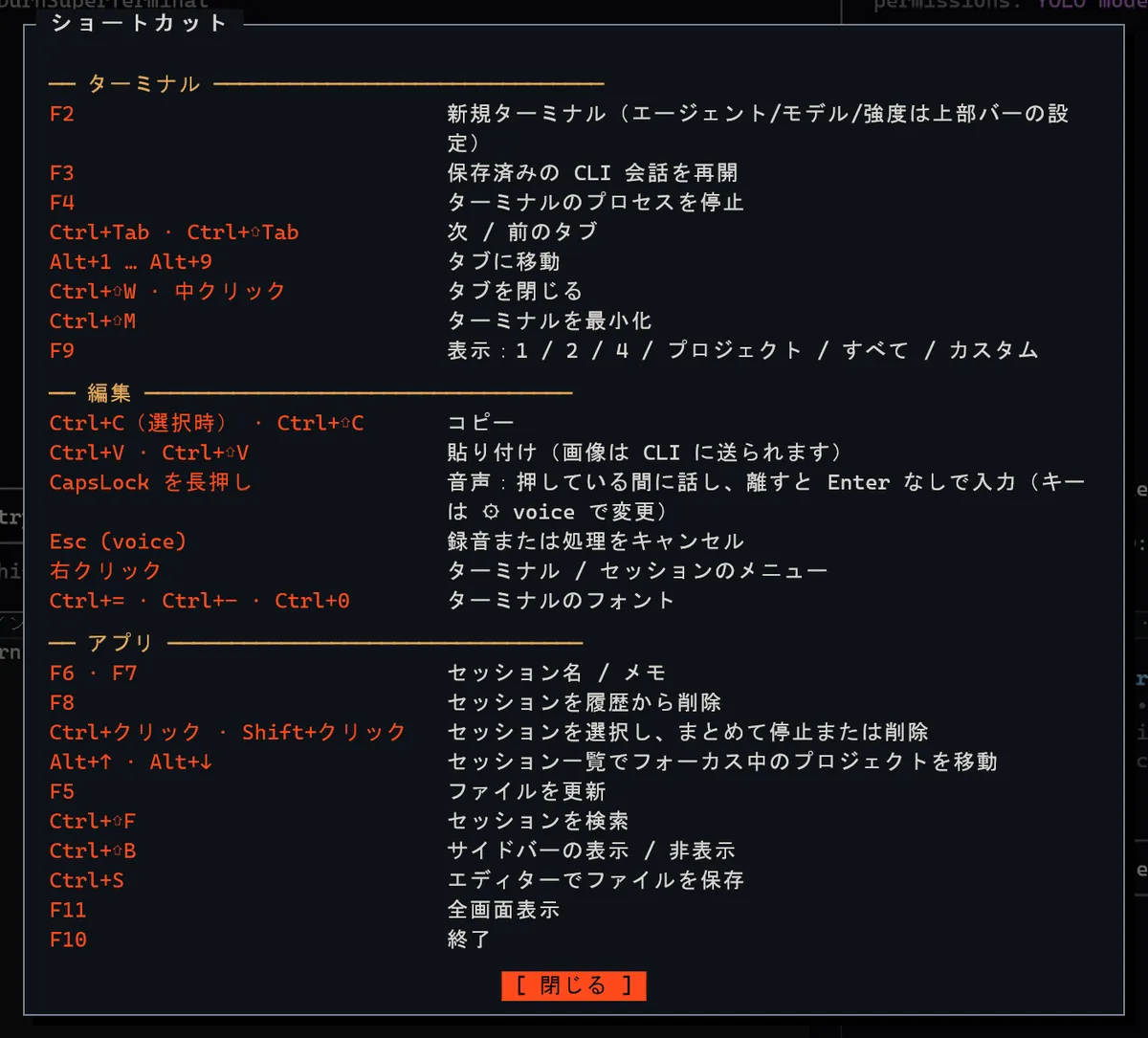 F1 で開いた SuperTerminal のショートカット一覧。