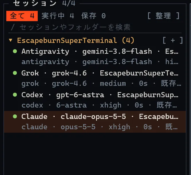 プロジェクトごとにまとめられた SuperTerminal のセッション一覧。