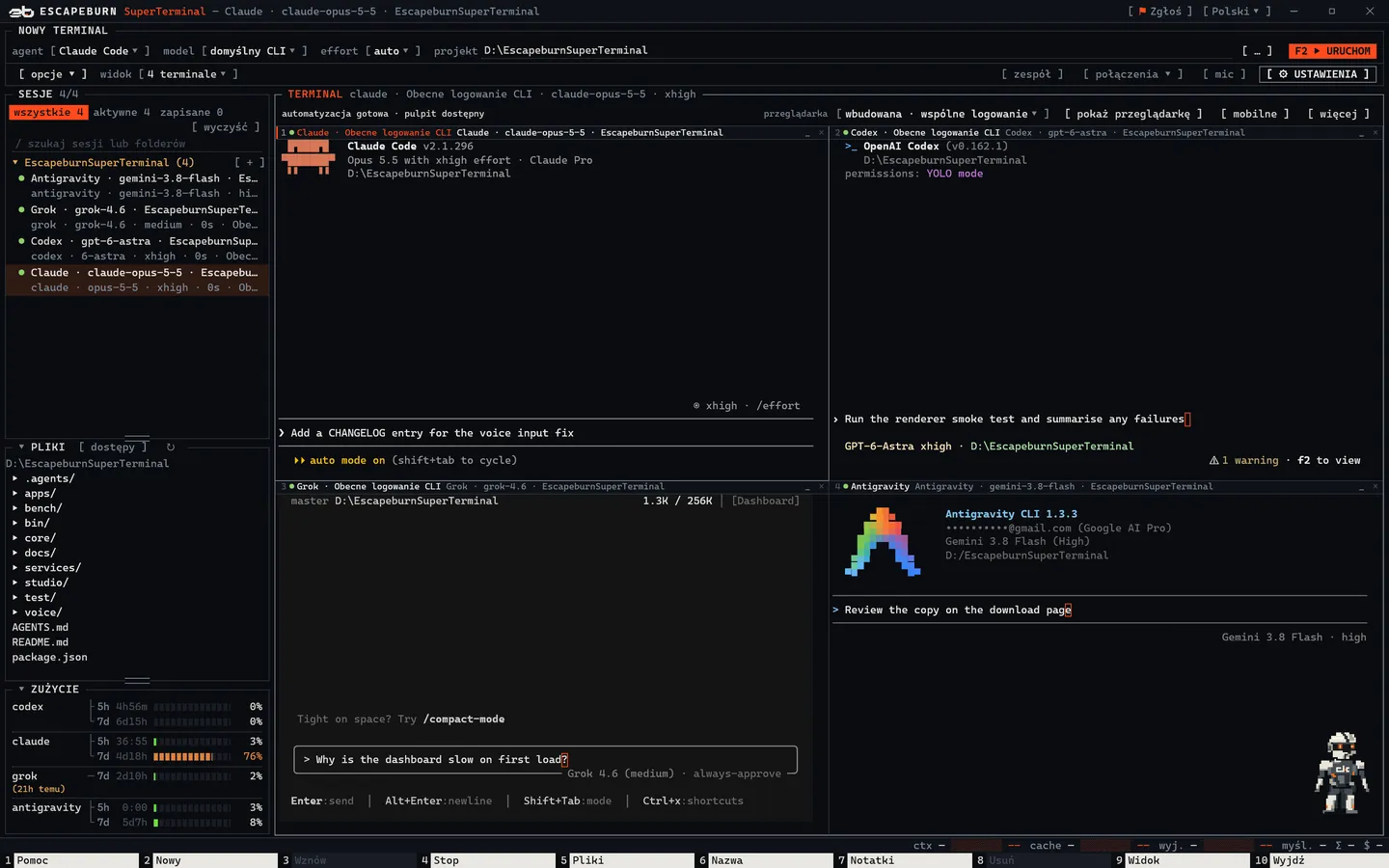 Okno SuperTerminala z Claude Code, Codex, Grok i Antigravity obok siebie, listą sesji, przeglądarką plików i zużyciem subskrypcji.