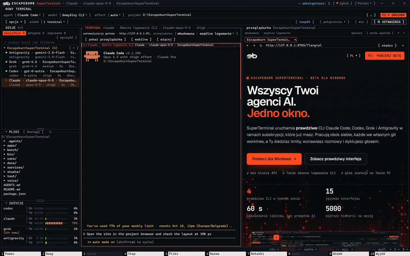 SuperTerminal z Claude Code po lewej i przeglądarką projektu po prawej, w której otwarta jest ta strona.