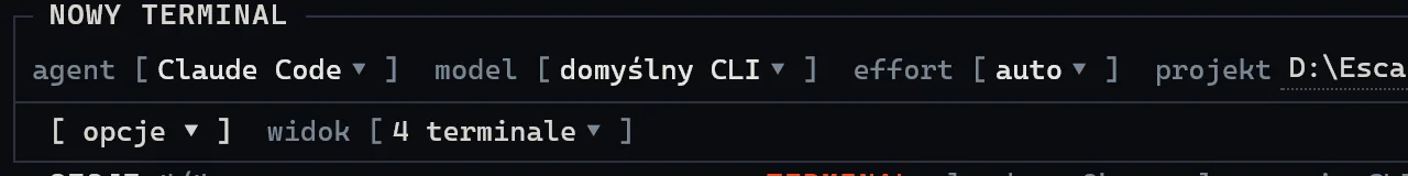 Launcher SuperTerminala z polami agenta, modelu, effortu i projektu.