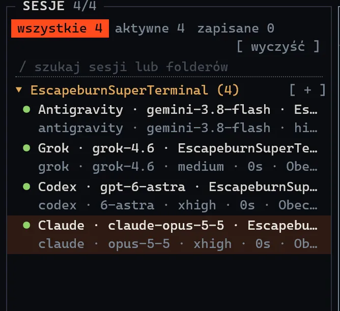 Lista sesji SuperTerminala pogrupowana według projektu.