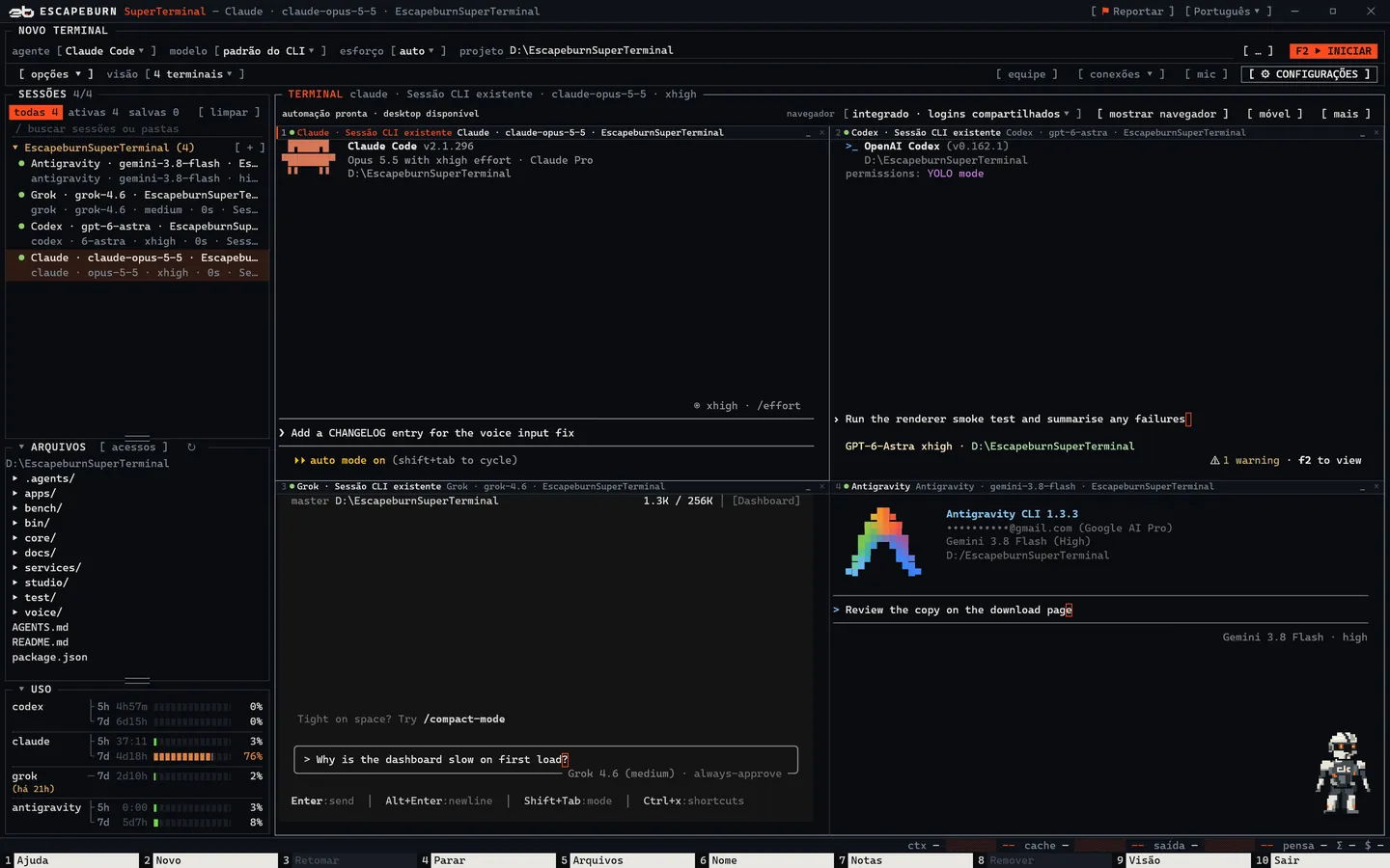 Janela do SuperTerminal com Claude Code, Codex, Grok e Antigravity lado a lado, a lista de sessões, o navegador de arquivos e o consumo das assinaturas.