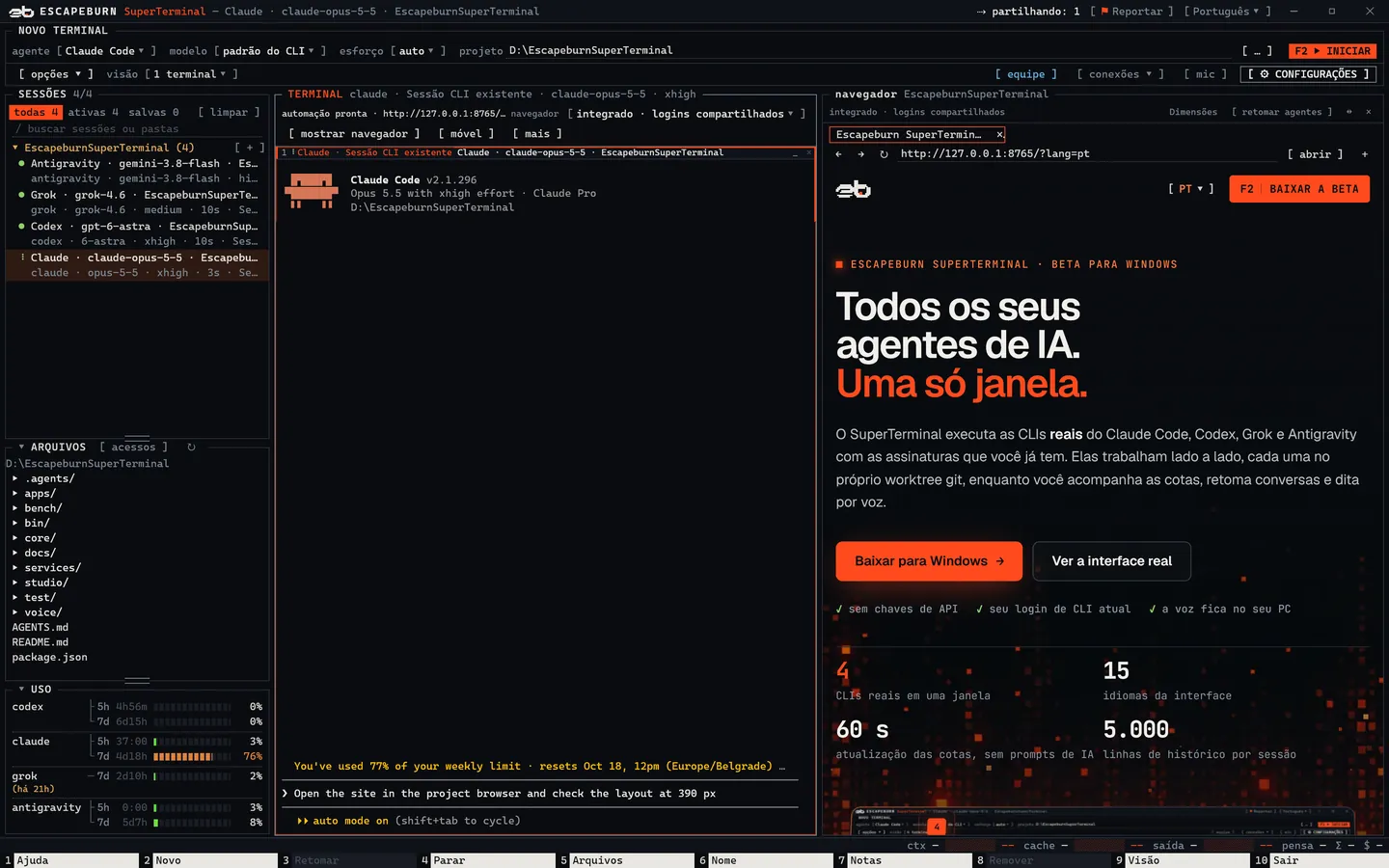SuperTerminal com o Claude Code à esquerda e o navegador do projeto à direita mostrando este site.