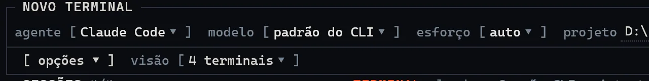 Inicializador do SuperTerminal com campos de agente, modelo, esforço e projeto.