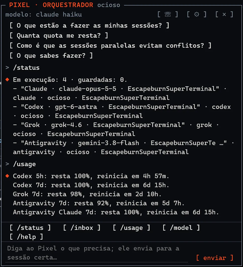 Chat do Pixel respondendo a /status com as quatro sessões ativas e a /usage com a cota restante.