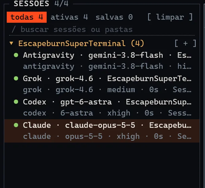 Lista de sessões do SuperTerminal agrupada por projeto.