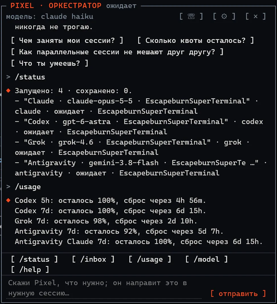 Чат Pixel отвечает на /status четырьмя запущенными сессиями и на /usage оставшейся квотой.