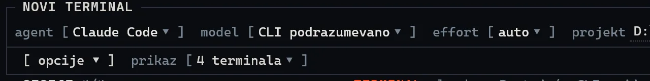 Launcher u SuperTerminalu sa poljima za agenta, model, effort i projekat.