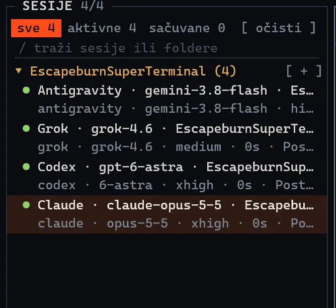 Lista sesija u SuperTerminalu grupisana po projektu.