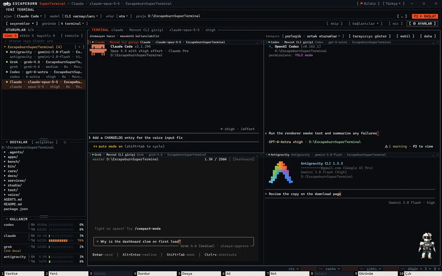 Claude Code, Codex, Grok ve Antigravity'nin yan yana çalıştığı SuperTerminal penceresi; oturum listesi, dosya gezgini ve abonelik kullanımı.