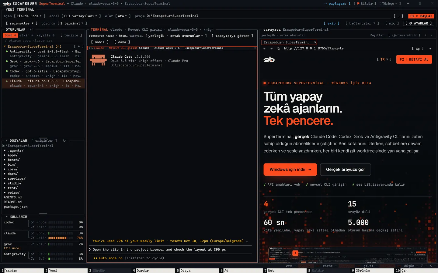 Solda Claude Code, sağda bu web sitesini gösteren proje tarayıcısıyla SuperTerminal.