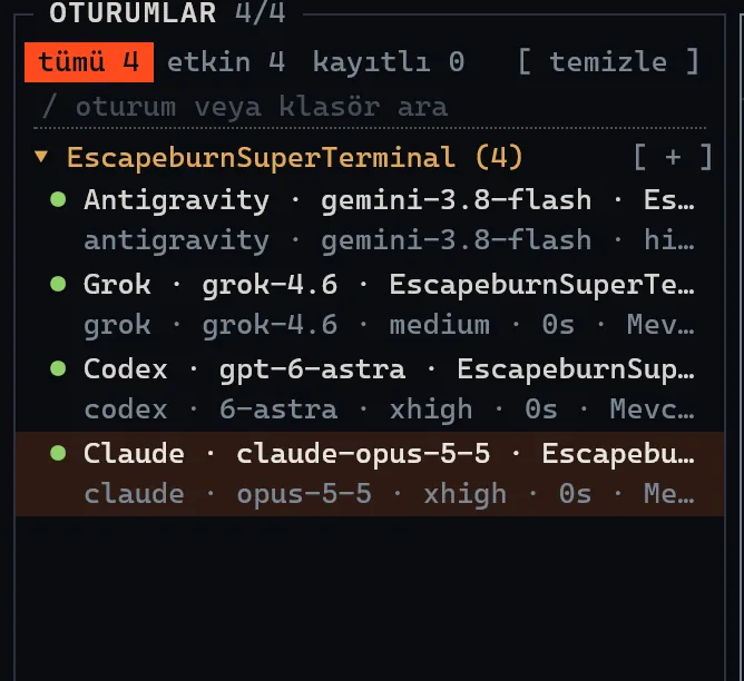 Projeye göre gruplanmış SuperTerminal oturum listesi.