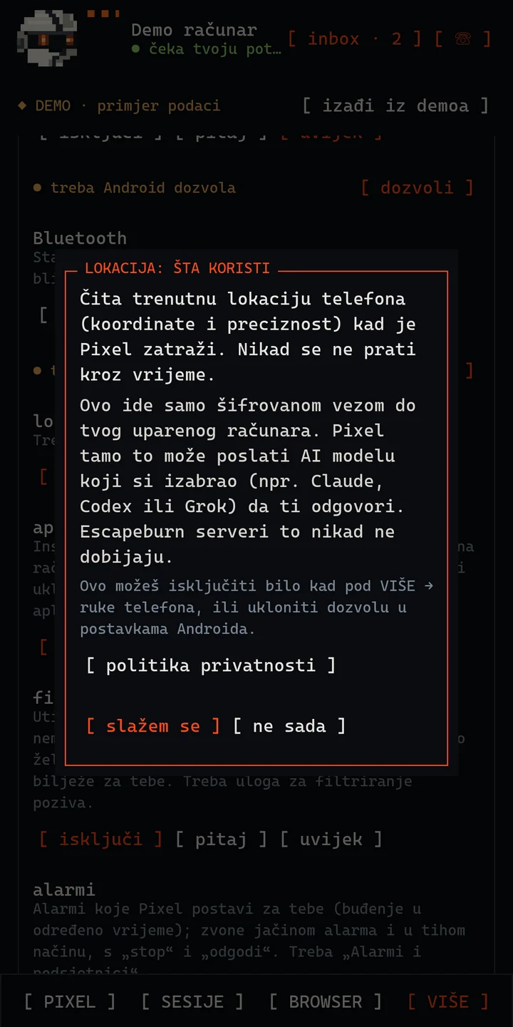 Obavještenje koje aplikacija prikaže prije nego što koristi lokaciju telefona.