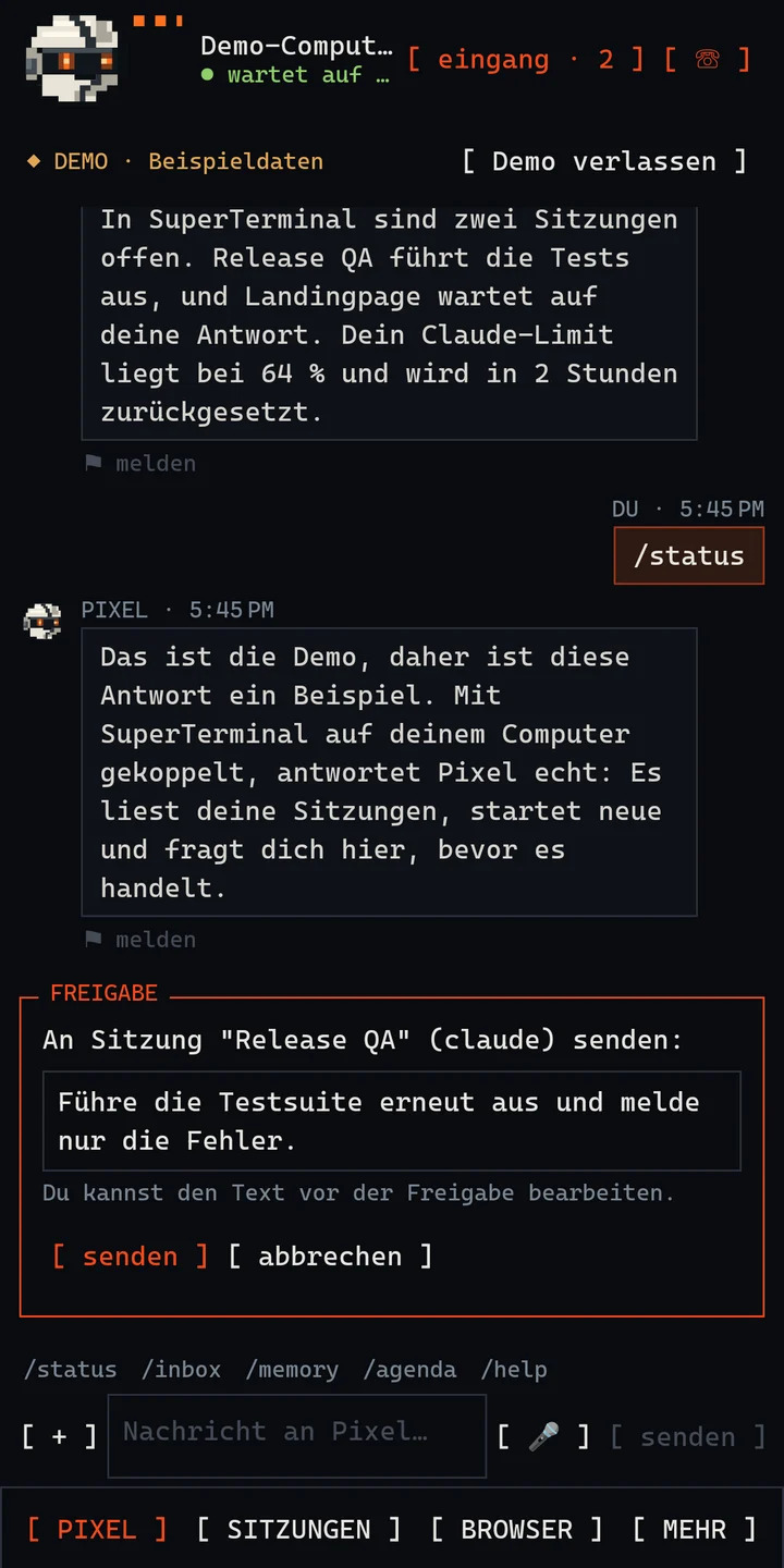 Comet-Chat auf dem Telefon mit einer Freigabekarte für die Sitzung Release QA (Beispieldaten).