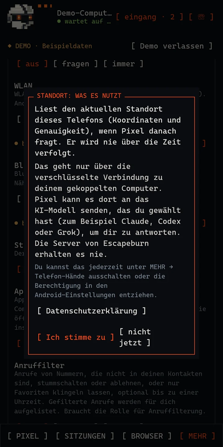 Der Hinweis, den die App zeigt, bevor sie den Standort des Telefons nutzt.
