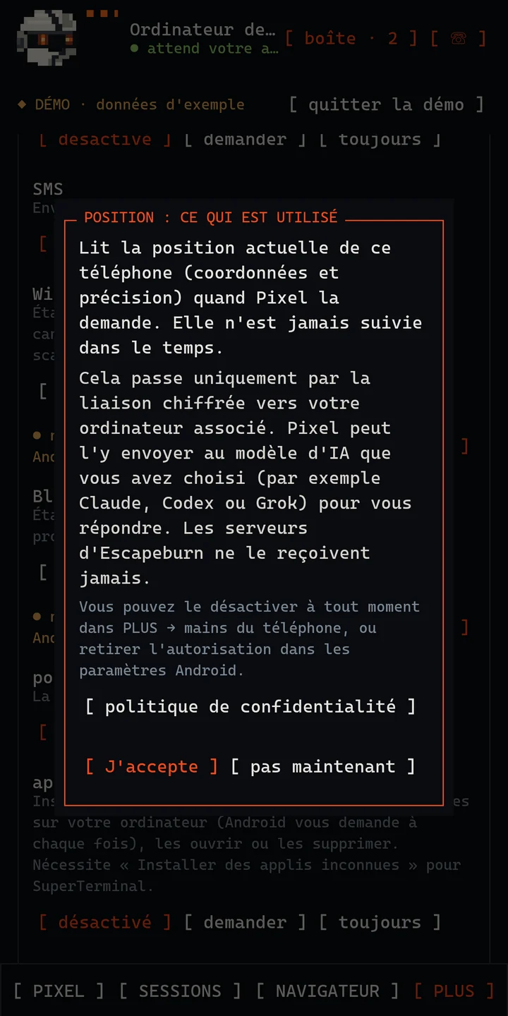 L'avis que l'app affiche avant d'utiliser la position du téléphone.