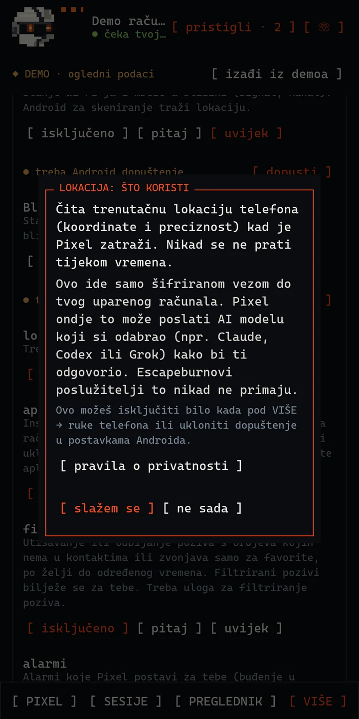 Obavijest koju aplikacija prikaže prije nego što koristi lokaciju telefona.