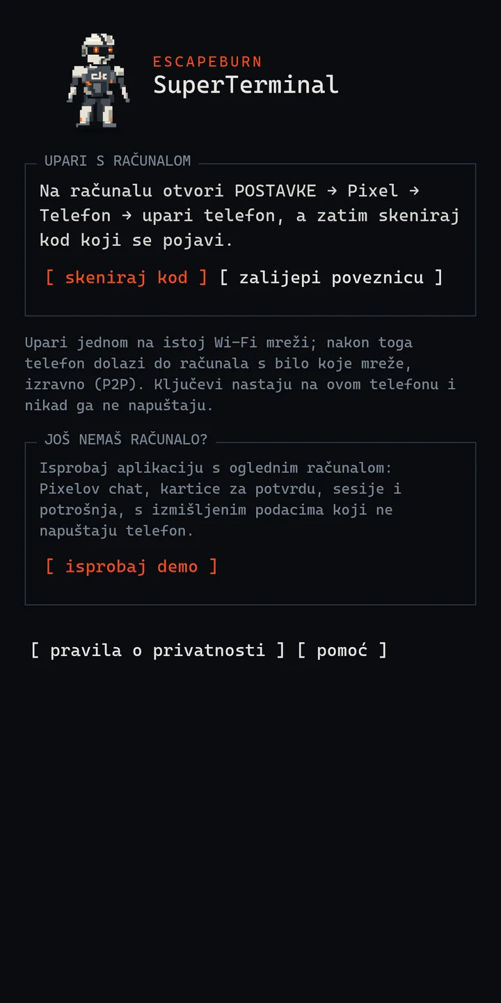 Zaslon za uparivanje s opcijom demoa.