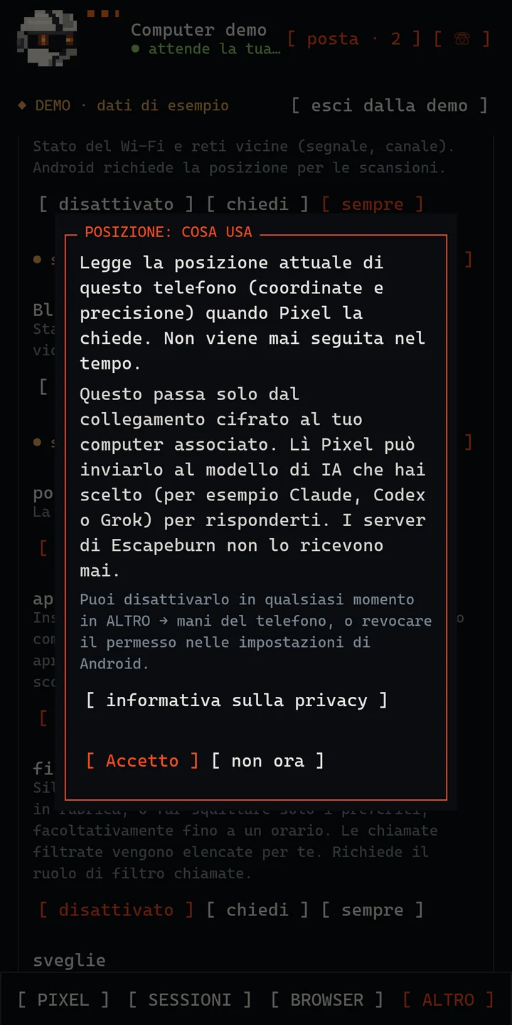 L'avviso che l'app mostra prima di usare la posizione del telefono.